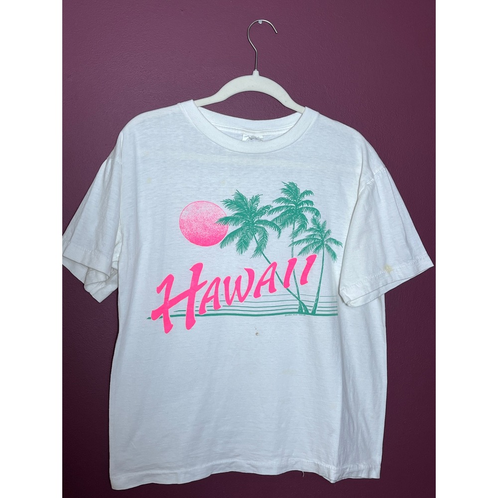 Vintage Caribbean Dream Hawaii T Shirt White Neon Pink Palm Tree Single St